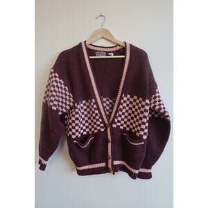 Vintage Paris Sport Club Universal Wool Blend Cardigan Pink Purple Check Medium